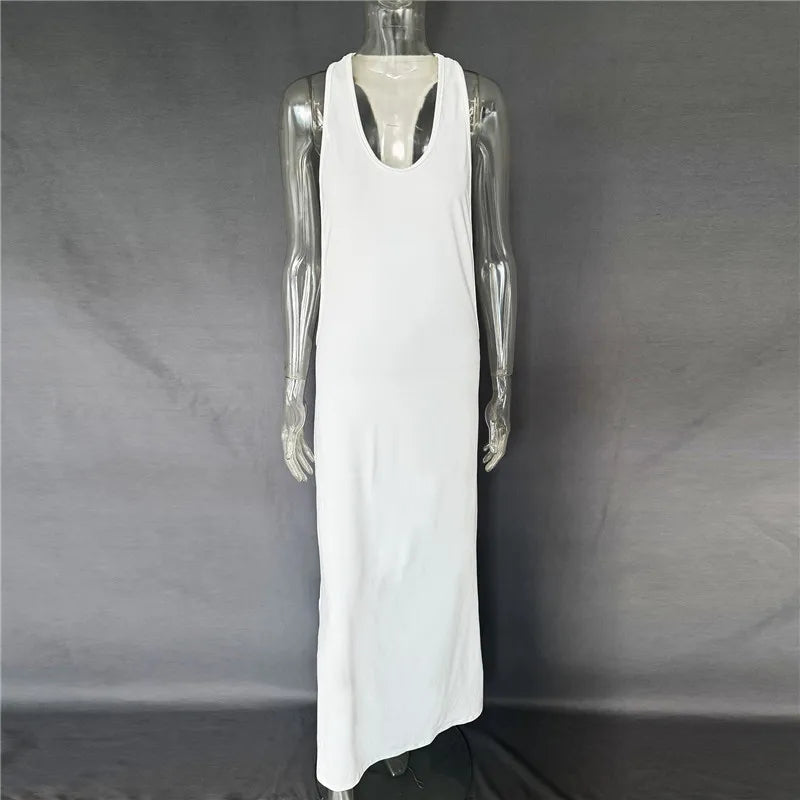 Women Halter Neck Backless Maxi Dress Side Cutout Sleeveless Bodycon Long Dress Metal Buckle Detail Evening Party Gown