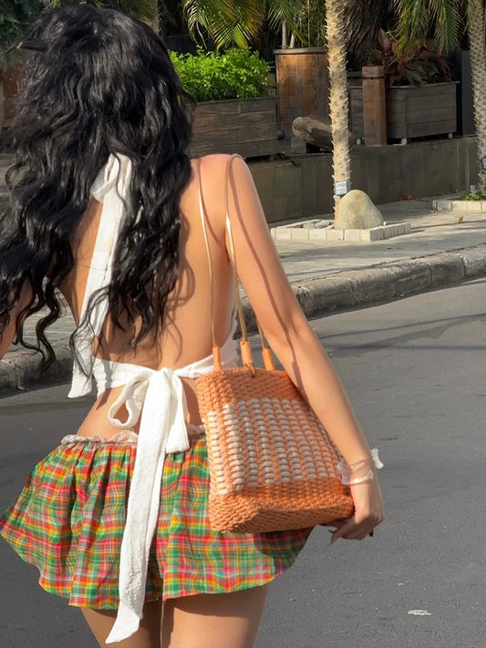 Street 2-Piece Set Women Backless Halter Lace-Up Chic Sexy Tank Tops+Colorful Patchwork Puffy Skirt Matching Suits