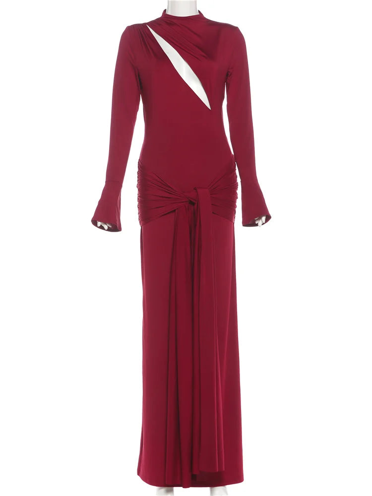 Christmas Hollow Maxi Dress Women o-Neck Folds Flare Sleeve Bandage Long Tassel Solid Skinny Elegant Banquet Vestidos