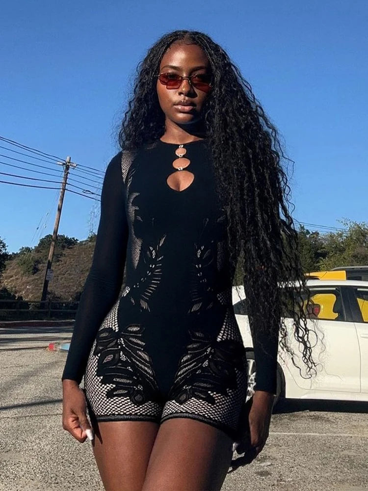 Hollow Rhinestone Women Sexy Romper Coquette Hottie Trend Skinny Midnight Club Party Full Sleeve Stretch Playsuit