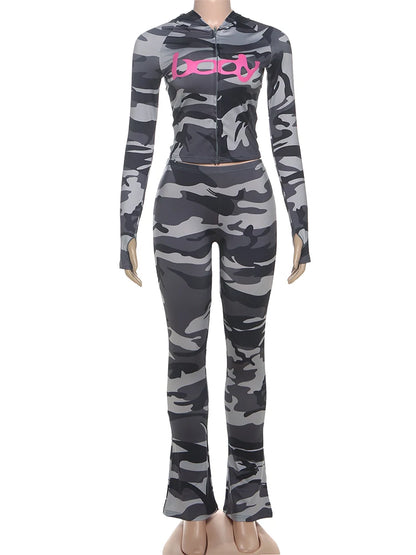 Classic Panelled Leopard Women 2 Piece Sets Hipster Letter Printed Zip-up Tops+Skinny Elastic Trousers Female Streetwear