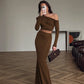Brown Two Piece Set One Shoulder Long Sleeve Top and Maxi Skirt Sexy Classy Outfit Woman Fall Fashion