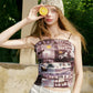 Women's Cropped Cami Top with Horse Patchwork Mural Print, Spaghetti Strap Fitted Tank for Summer