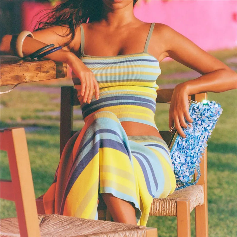 Y2K Sleeveless Spaghetti Strap Tank Tops and Drawstring Long Skirt Set Women’s 2 Piece Summer Outfits Vacation Beachwear