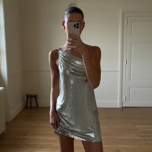 One Shoulder Glow Mini Dress Birthday for Woman Sexy Silver Club Dresses Summer 2026