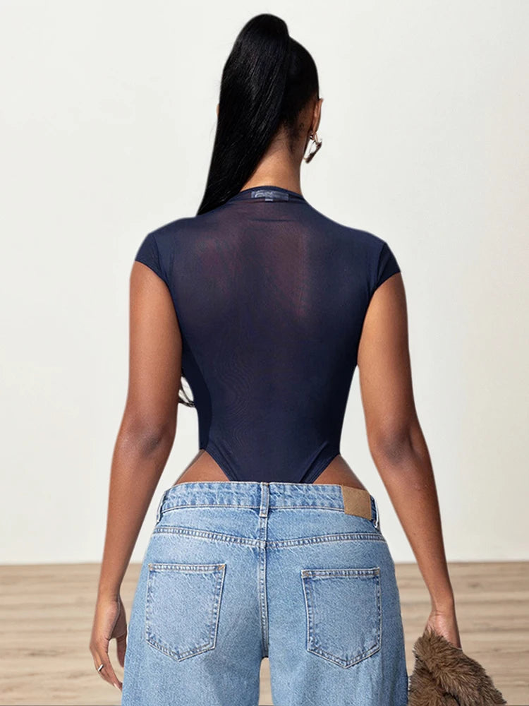 Sexy Coquette Bodysuit Women Mesh Hipster Basic Sleeveless Single-Breasted Stretch Clubwear Midnight Tight Body Tops