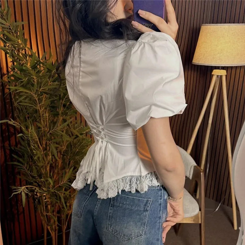 Y2K Cute Puff Bubble Short Sleeve Crop Top Women Back Drawstring Ruched Waist Irregular Lace Trim Hem Slim Fitted Blouse