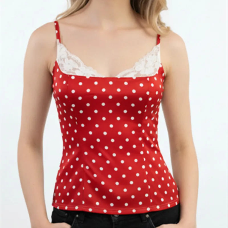 Women Y2k Lace Patchwork Trim Cami Tops Sleeveless Adjustable Spaghetti Strap Polka Dots V Neck Tank Top Summer Clothes
