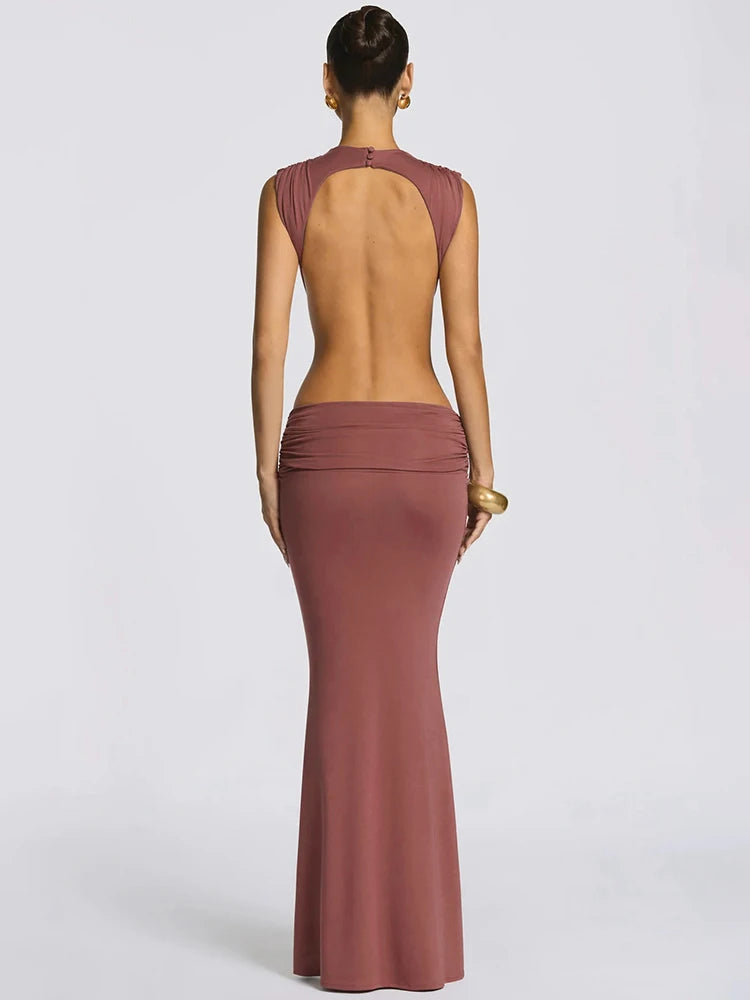 Women Cutout Backless Sexy Maxi Dress Elegant High Neck Sleeveless Ruched Bodycon Club Party Beach Long Dress Fashion