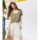 Women's Slim Short Sleeve Tee with Vintage Oval Fruit Letter Print, V Neck Casual Retro T-shirt for Summer Daily