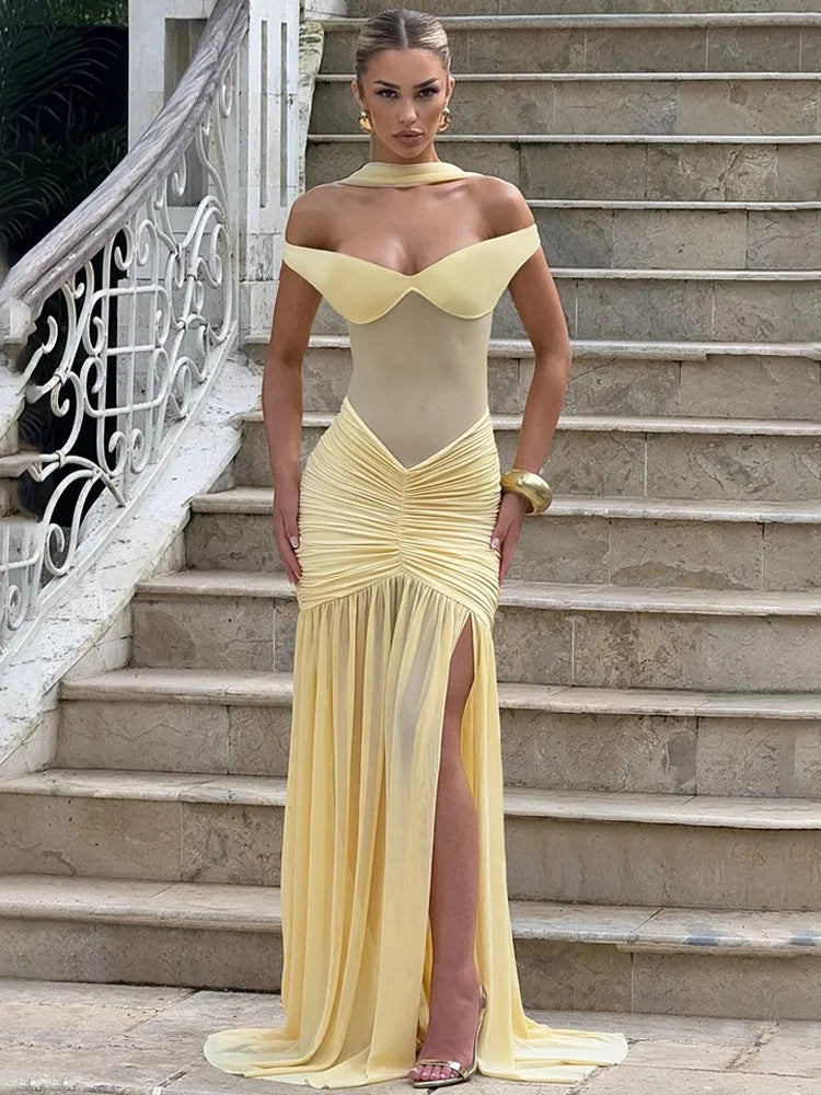 Off Shoulder Backless Split Pleated Maxi Dress See Through Mesh Elegant Party Dresses Woman Sexy Outfits