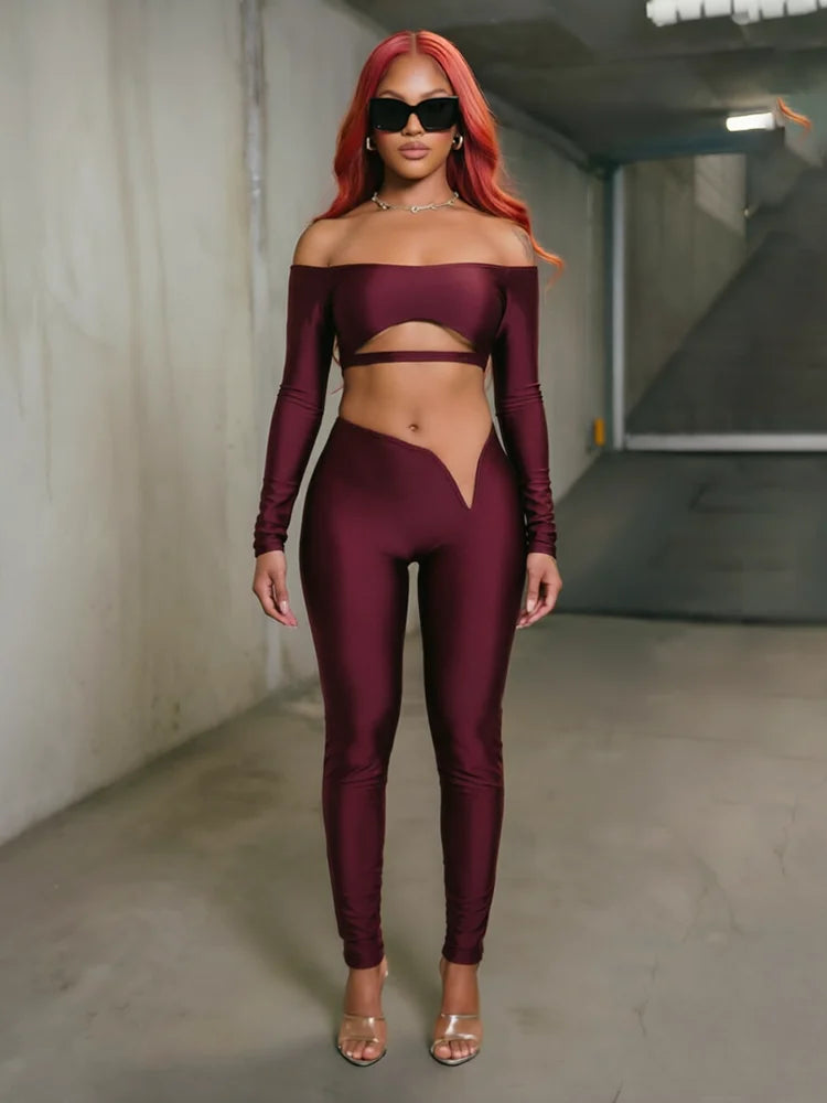Sexy 2-Piece Set Women Hollow Slash Neck Full Sleeve Crop Tops+v-Waist Skinny Pants High Elasticity Chic Streetwear