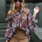 Asymmetrical Hem Art Print t-Shirt Women Ruffles v-Neck Flare Sleeve Autumn Fashion Music Festival Chic Daily Streetwear