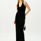 Women Black Velvet Sexy Maxi Dress Sleeveless Deep U Neck Ruched Waist Back Split Bodycon Long Evening Party Dress