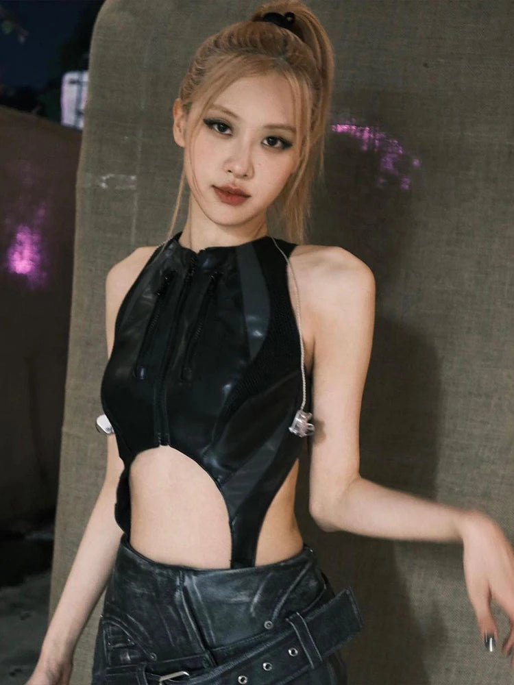 Zipper Sexy Bodysuit Women Faux Leather Patchwork Hollow Sleeveless o-Neck Waistless Midnight Music Festival Outfits