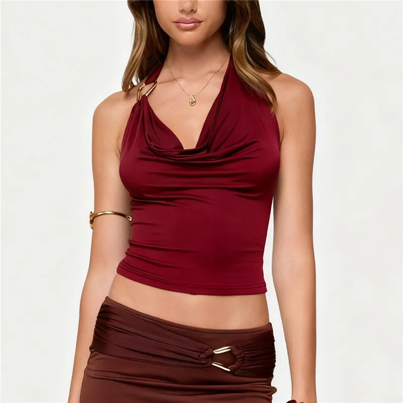 Sexy Women's Halter Neck Tops Sleeveless Open Back Slim Fit Metal Clasp Front Tank Tops Summer Party Club Shirts