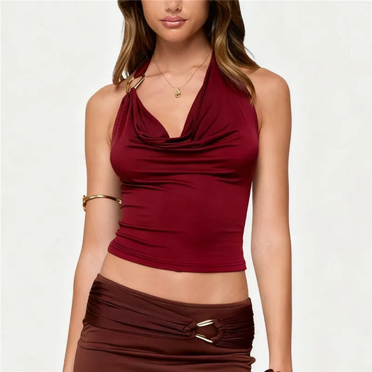 Sexy Women's Halter Neck Tops Sleeveless Open Back Slim Fit Metal Clasp Front Tank Tops Summer Party Club Shirts