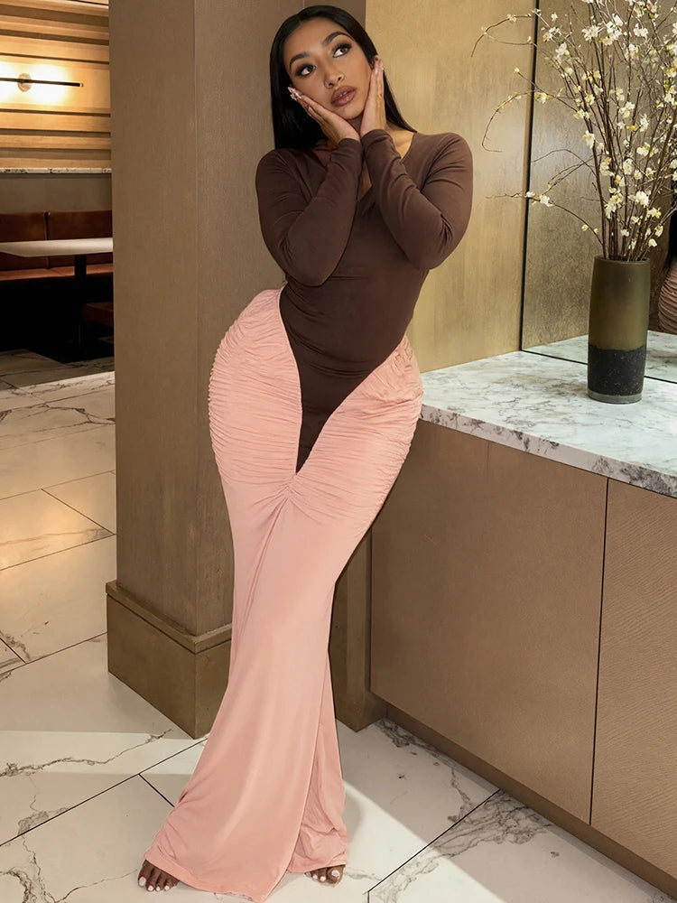 Peach Hip Dress Women Elegant Patchwork Pleat O-Neck Full Sleeve Autumn Trend Classic Sexy Stretch Skinny Maxi Bodycon