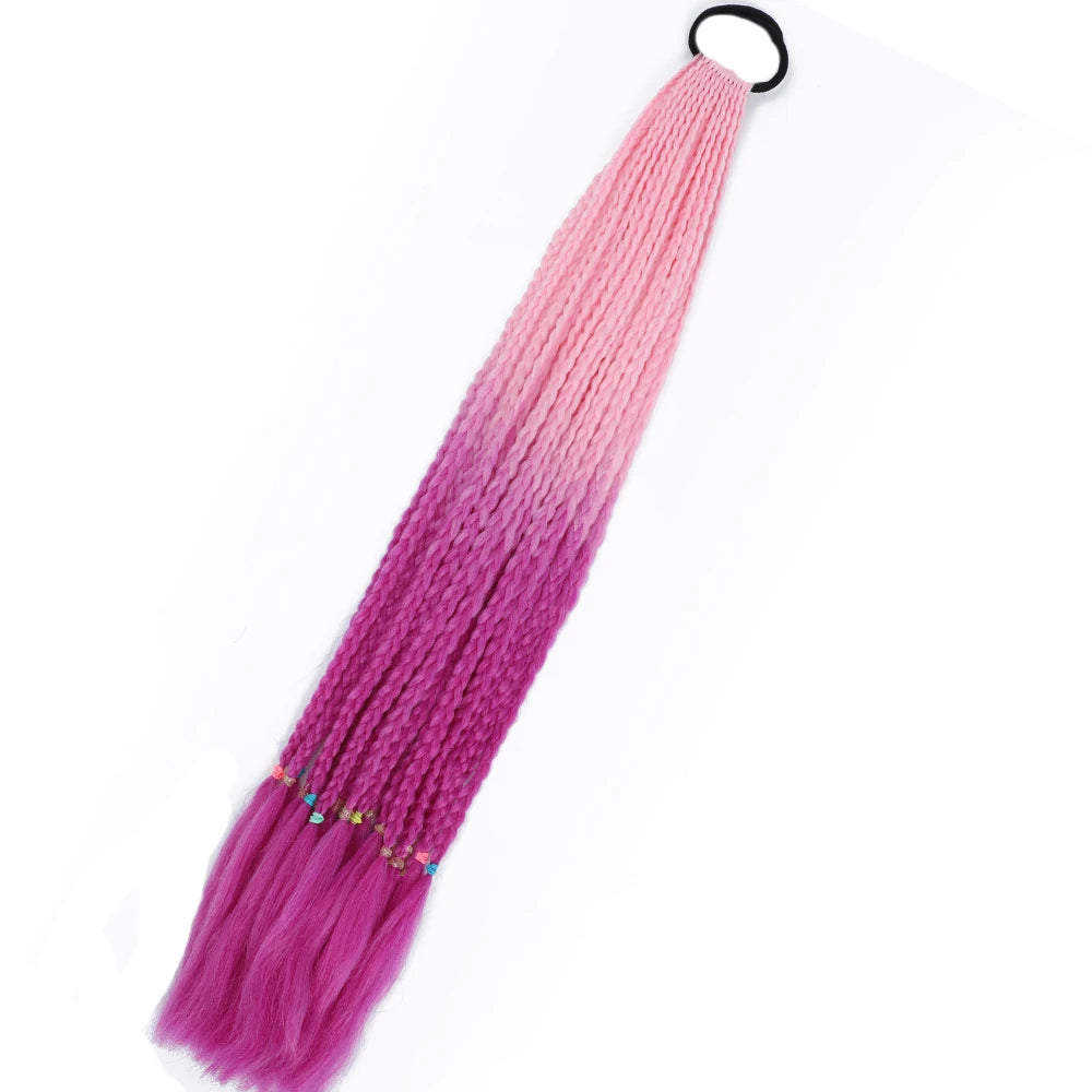 Synthetic 24inch Girls Colored Box Braided Ponytail With Elastic Rubber Band Hair Extensions Rainbow Color Box Pigtail Hairpiece
