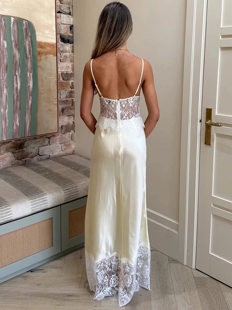 Spaghetti Strap Backless Sexy Maxi Dress Women Elegant Lace Patchwork Satin V Neck Sleeveless Club Party Long Dresses