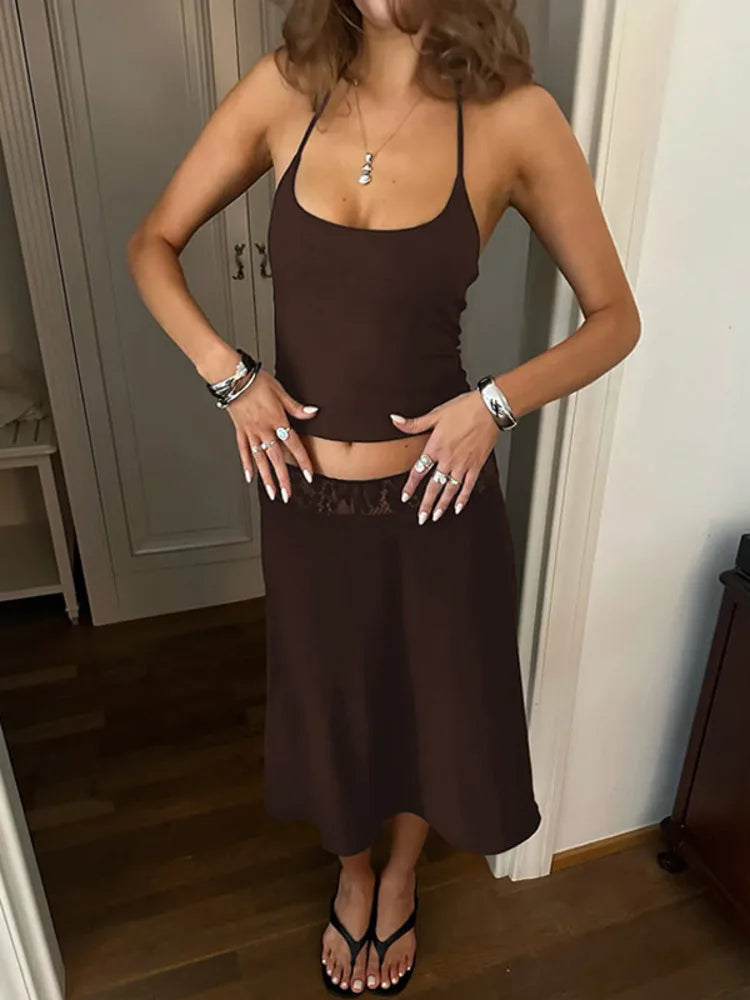 Halter Top And Midi Skirt Sets Women Elegant Sleeveless Backless Bodycon Two Piece Set Female Club Party Dress Set