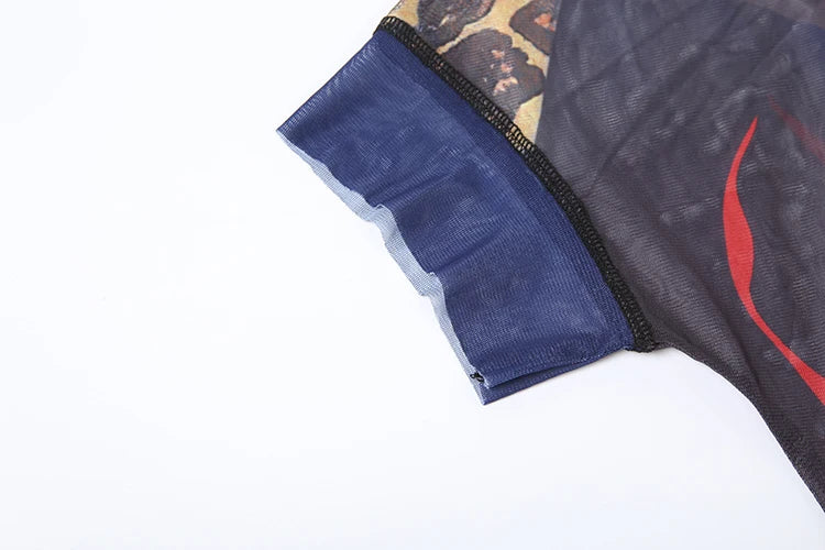 Sexy Women 2 Piece Set See Through Leopard Print Shorts Sleeve Crop Tops+Flare Pants Matching Clubwear Skinny Outfits