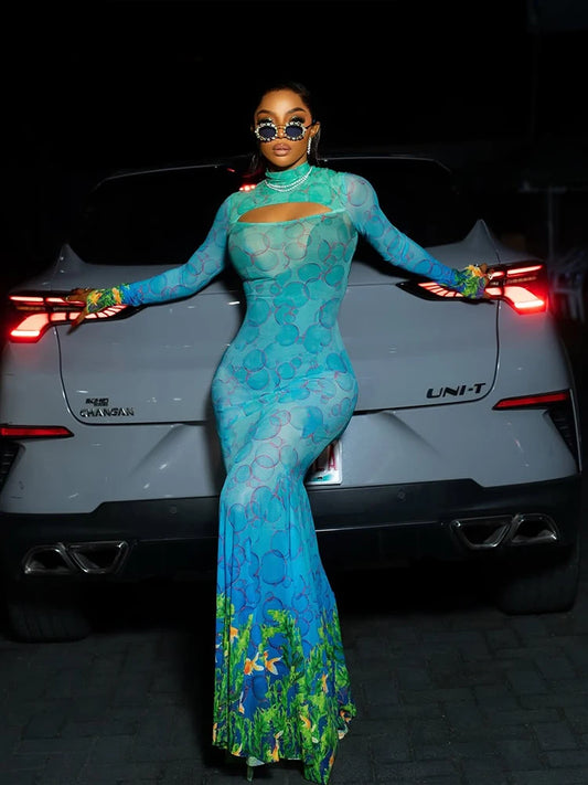 See Through Sexy Dress Women Hollow Hipster Colorful Print Skinny Stretch Midnight Party Clubwear Fishtail Bodycon