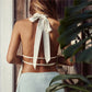 Ladies Boho Halter Top Deep V Backless Drawstring Peplum Camisole Women Summer Beach Vacation Sleeveless Tank Top