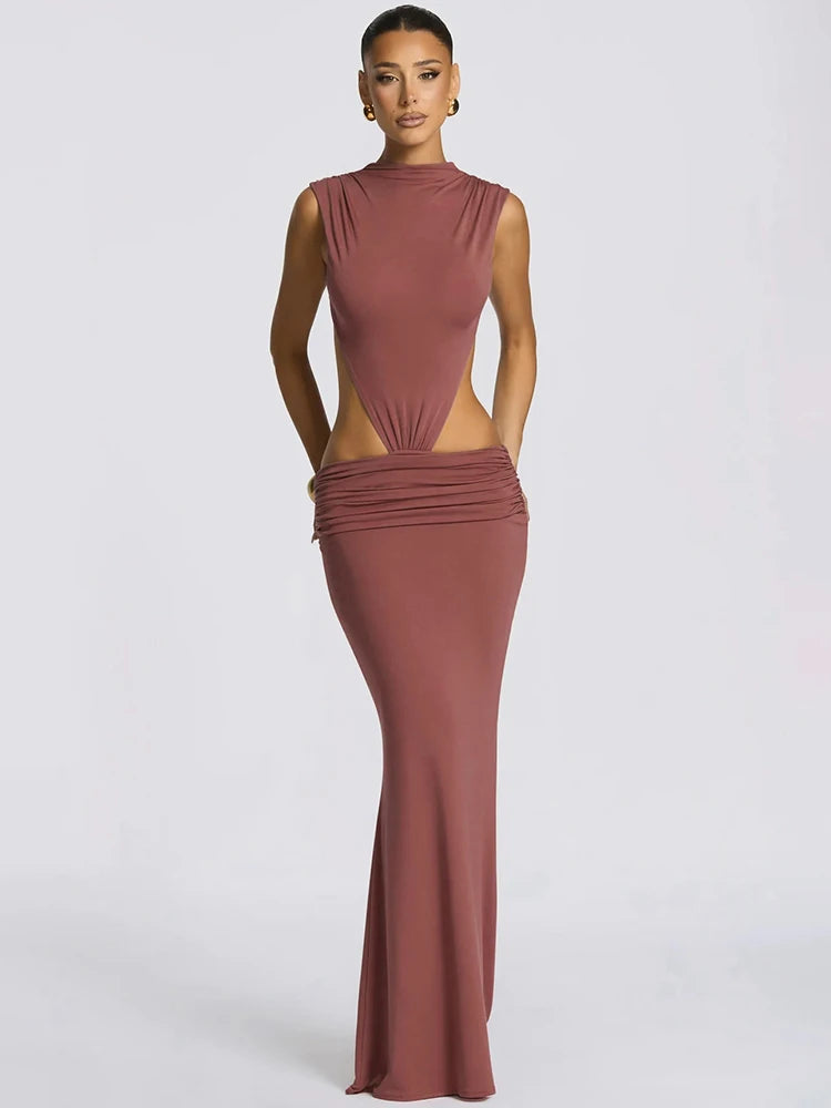 Women Cutout Backless Sexy Maxi Dress Elegant High Neck Sleeveless Ruched Bodycon Club Party Beach Long Dress Fashion