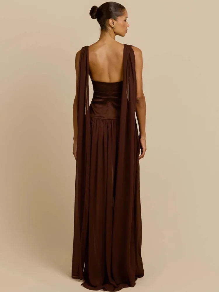 Deep V Neck Backless Sexy Maxi Dress Women Elegant Sleeveless Backless Bodycon Pleated Club Party Long Dress Female