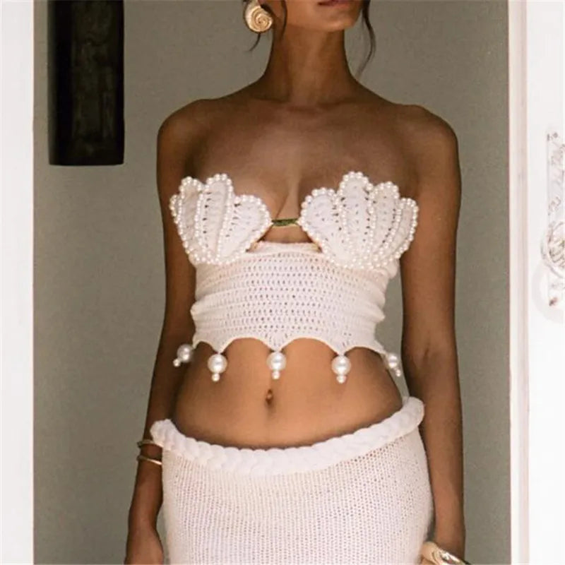 Sexy Pearls Knit Tube Top Lady Chic Beach Sleeveless Hollow Out Slim Fit Short Tops Summer Women Holiday Beachwear