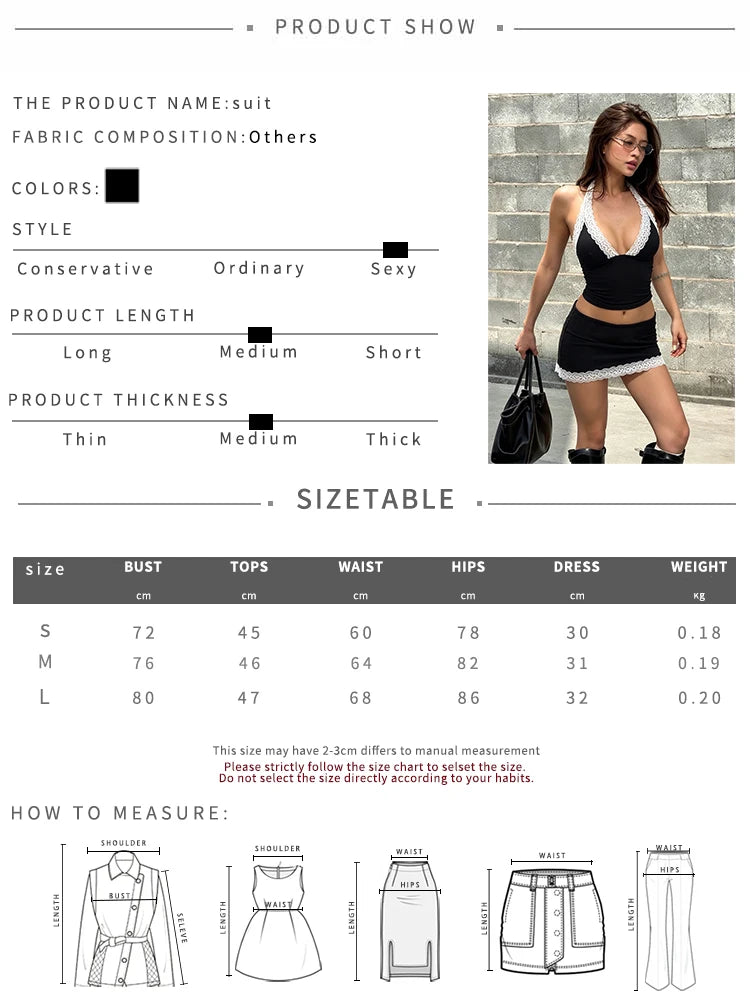 Lace Patchwork 2-Piece Set Women v-Neck Halter Sexy Vest+Elastic Waist Mini Simple Skirt Midnight Summer Trend Suit
