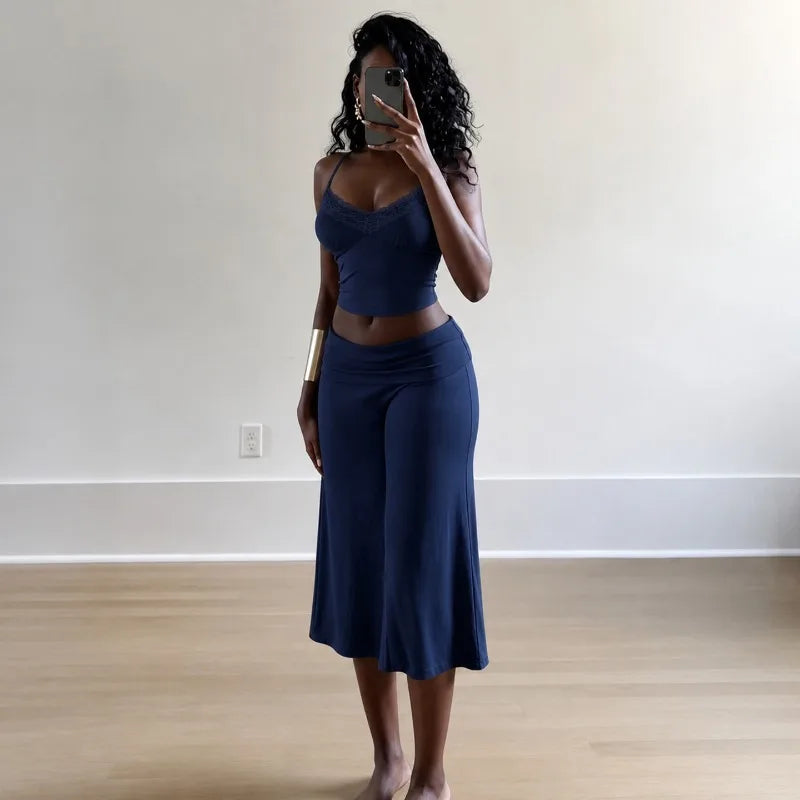 2 Piece Set Lace-trim Camisole Crop Top and Matching Low-rise Wide-leg Pants Lounge Wear Woman Summer Outfits