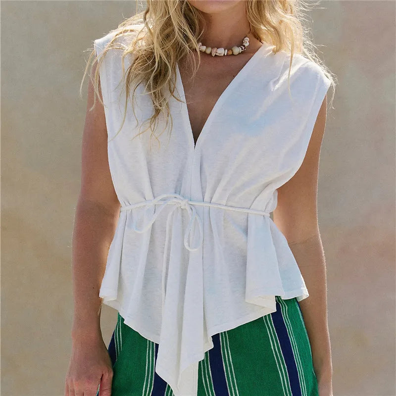 Women V Neck Sleeveless Tie Waist Tank Top Irregular Asymmetrical Hem Peplum Blouse Casual Summer Beach Vacation Vest