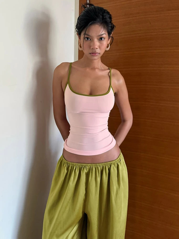 High Street 2 Piece Set Woman Color Blocking Low-Neck Backless Navel Exposed Camisole+Straight Pants Casual Fashion Suit