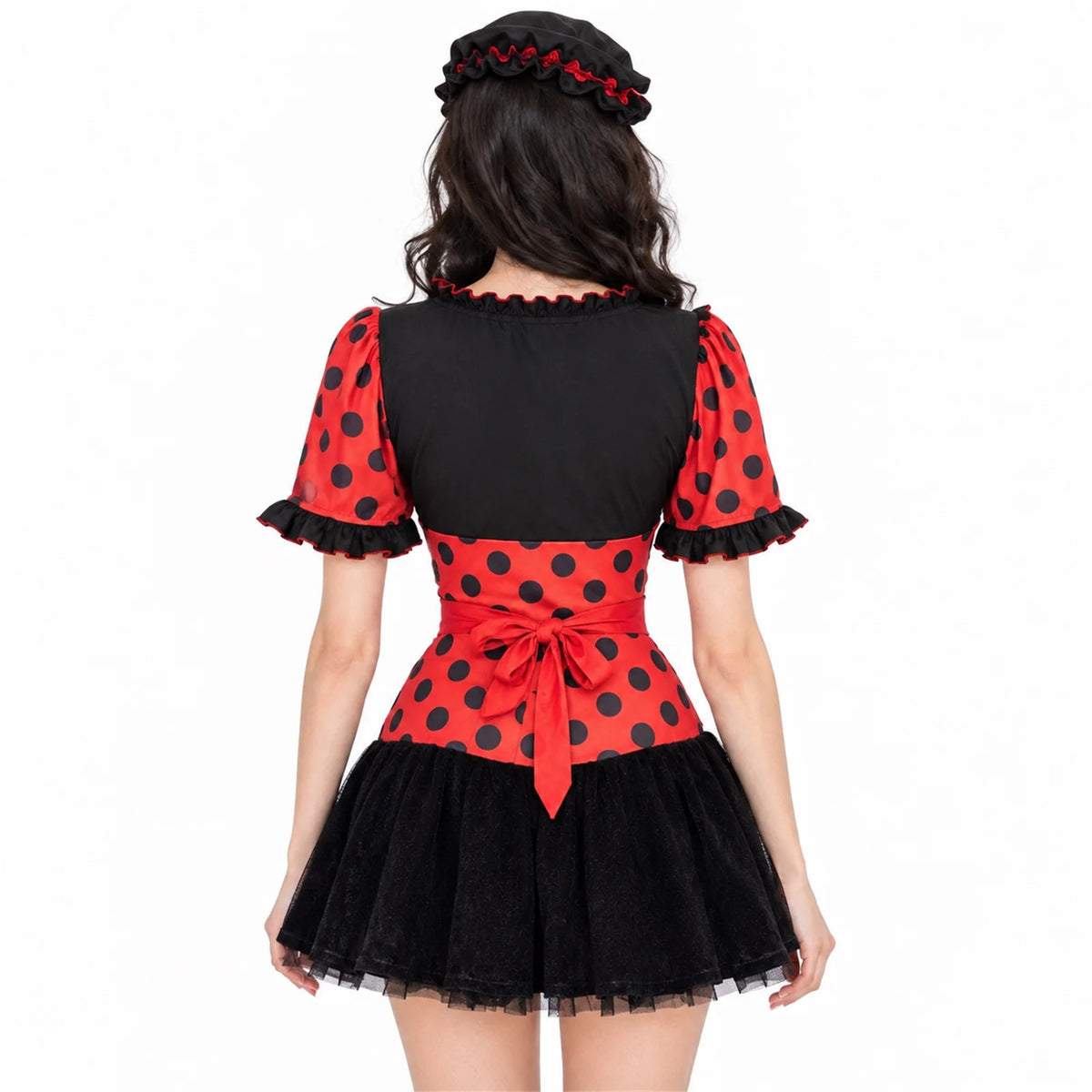 Womens Halloween Ladybug Cosplay Costume Polka Dot Puff Sleeve Tutu Mini Dress Maid Apron and Hat Carnival Fancy Dress