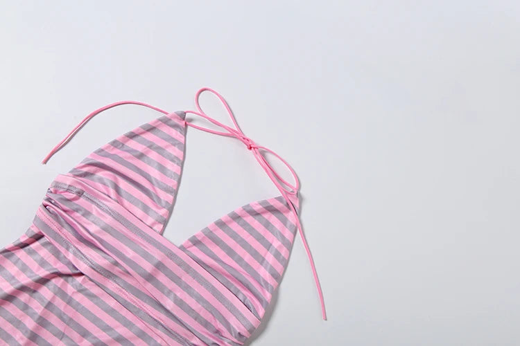 Sexy Halter Low-Neck Striped print backless Dress Women Bandages Patchwork Ribbon Sleeveless Trend Party Club Bodycon