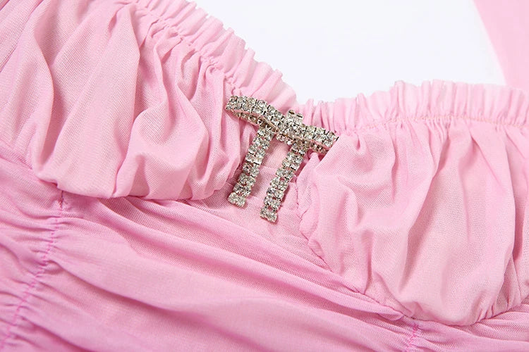 Gradient Ruched Dress Women Halter Bandage Tierred Metal Diamond Backless Summer Luxury birthday Party Mini Bodycon