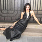 Faux-leather Halter-neck Maxi Dress Deep V Front Twist-ruched Black Evening Dresses for Woman