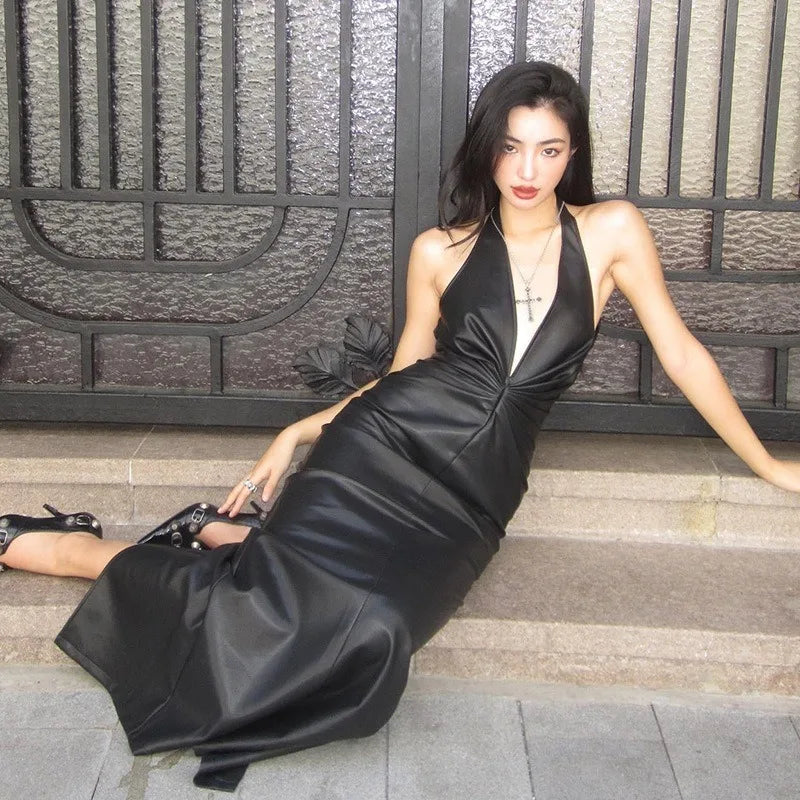 Faux-leather Halter-neck Maxi Dress Deep V Front Twist-ruched Black Evening Dresses for Woman