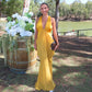 Deep V Neck Backless Maxi Dresses for Woman Sexy Elegant Mesh Patchwork Yellow Fancy Dinner Dress