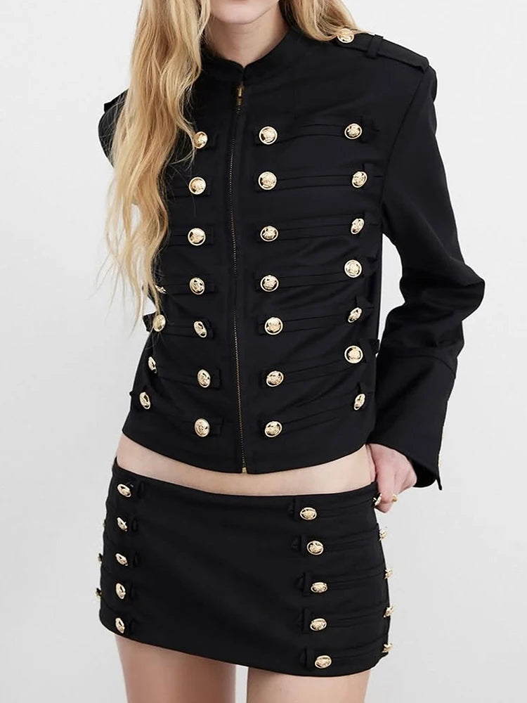 Buckle Decoration 2-Piece Set Women Zipper o-Neck Full Sleeve Crop Tops+Elastic Waist Mini Skirt Autumn Street Suit