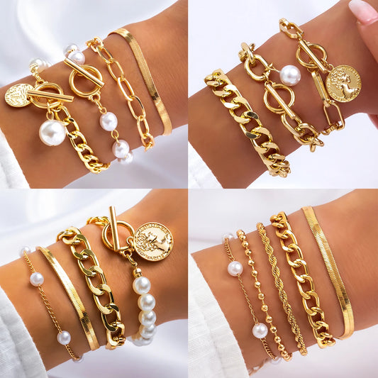 Boho Imitation Pearl Chain Coin Pendant Bracelets Set for Women on Hand Vintage Snake Link Bangles Couple Wrist Jewelry