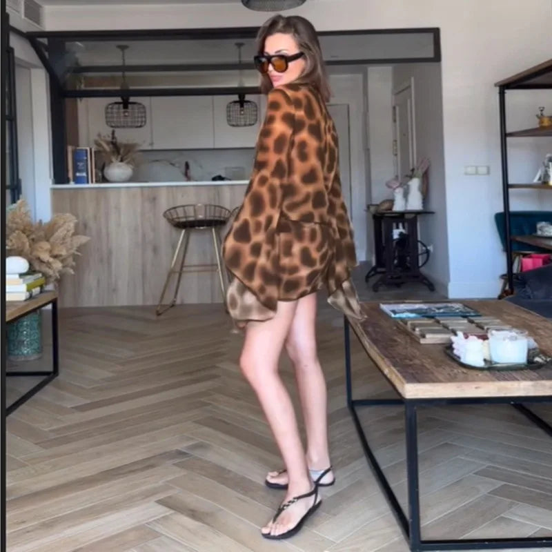Leopard Print Mesh Sheer Beach Dress Sexy Outfits for Woman Cowl Neck Long Sleeve Mini Dresses