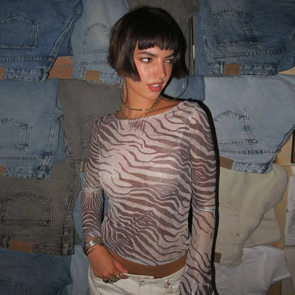 Animal Print Sheer Mesh Long Sleeve T Shirts for Women Sexy Tops Streetwear Fall 2026