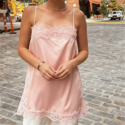 Elegant Lace Patchwork Cami Tops Women Solid Sleeveless Square Neck Loose Vest Suit Autumn Lady Chic Satin Party Outfit