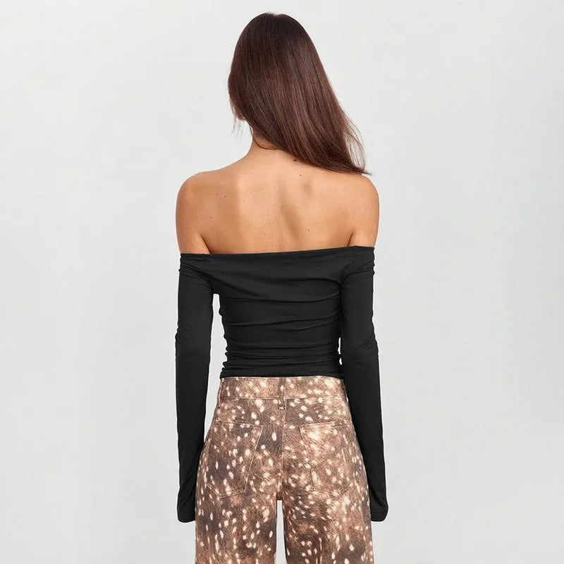 Off The Shoulder Hollow Long Sleeve Tops Brown Black Fitted T Shirts Fashion 2026 Woman Fall Clothes