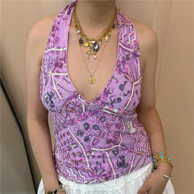Y2k Woman Sexy Colorful Sequin Tank Tops Sleeveless Halter Neck Crop Vest V Neck Backless Cami Tops Streetwear