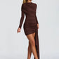 Long Sleeve Draped Ruched Sexy Mini Dress Women Gown Elegant O Neck High Waist Bodycon Club Party Dresses Female