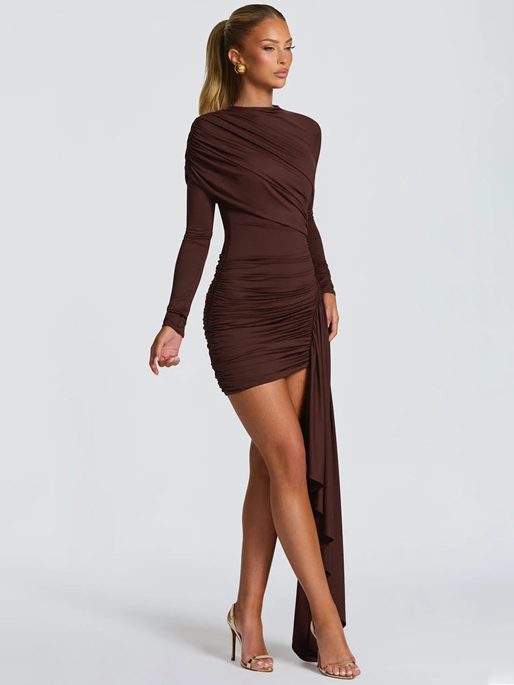 Long Sleeve Draped Ruched Sexy Mini Dress Women Gown Elegant O Neck High Waist Bodycon Club Party Dresses Female
